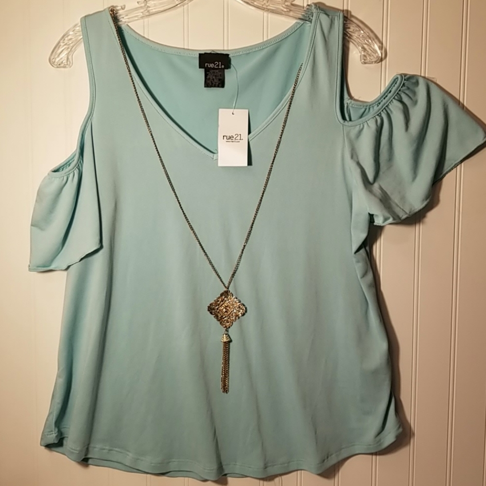 NWT rue 21 Large SS Open Shoulder Vneck Blouse - Picture 1 of 8